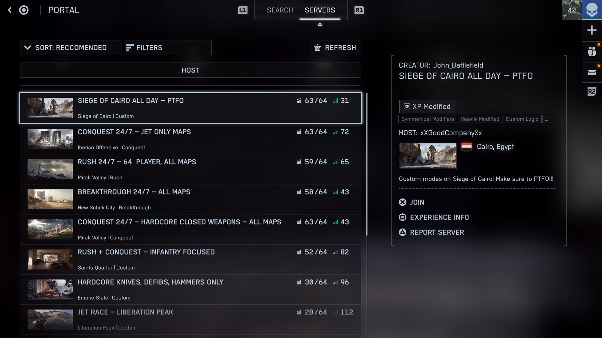 An in-game screenshot of a server browser page with a list of servers available to choose from.