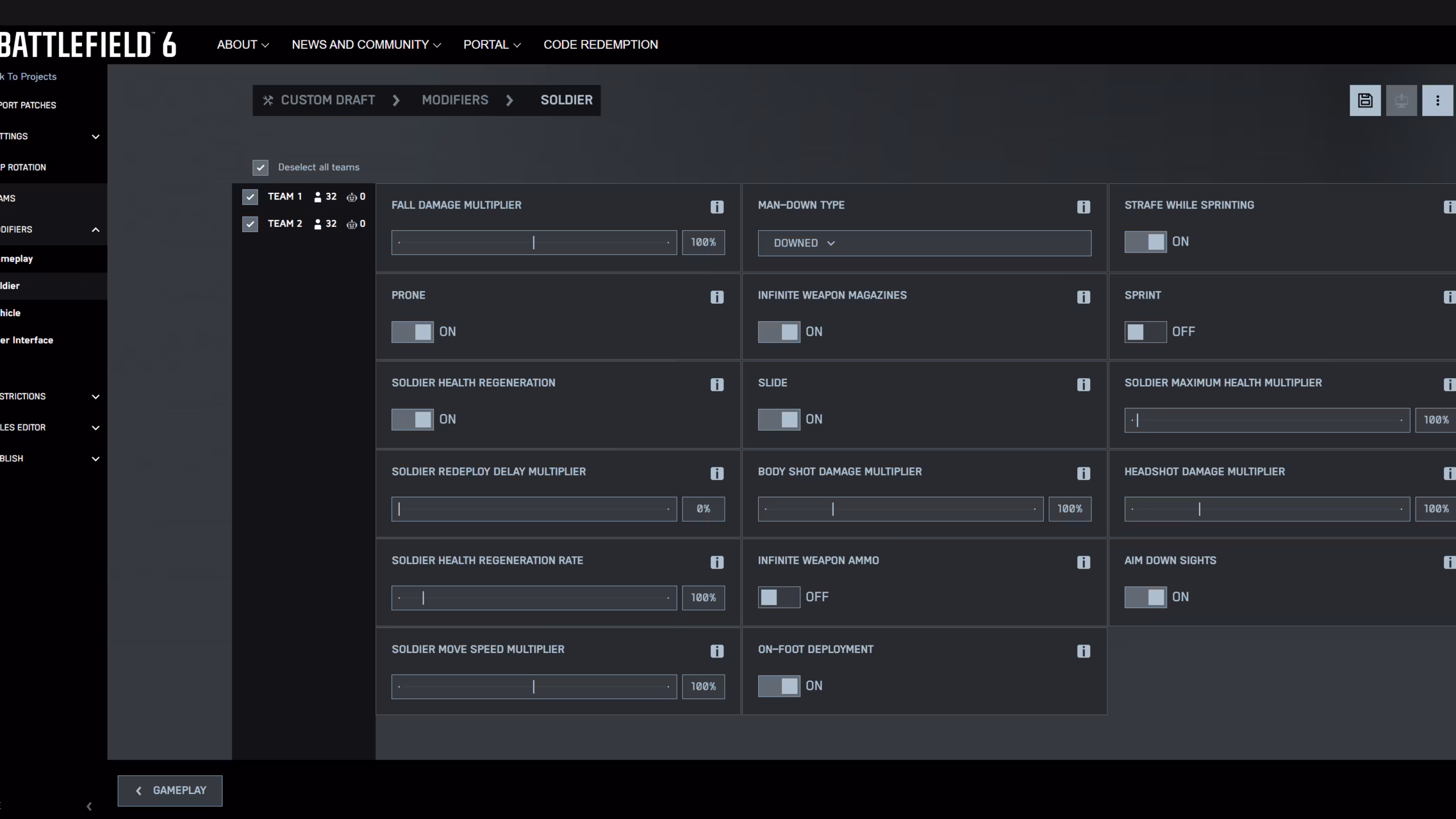 An in-game screenshot of a menu with various modifier settings for a game mode called Portal.