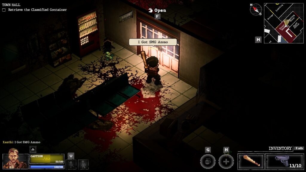 Screenshot of the game with the character looting an item